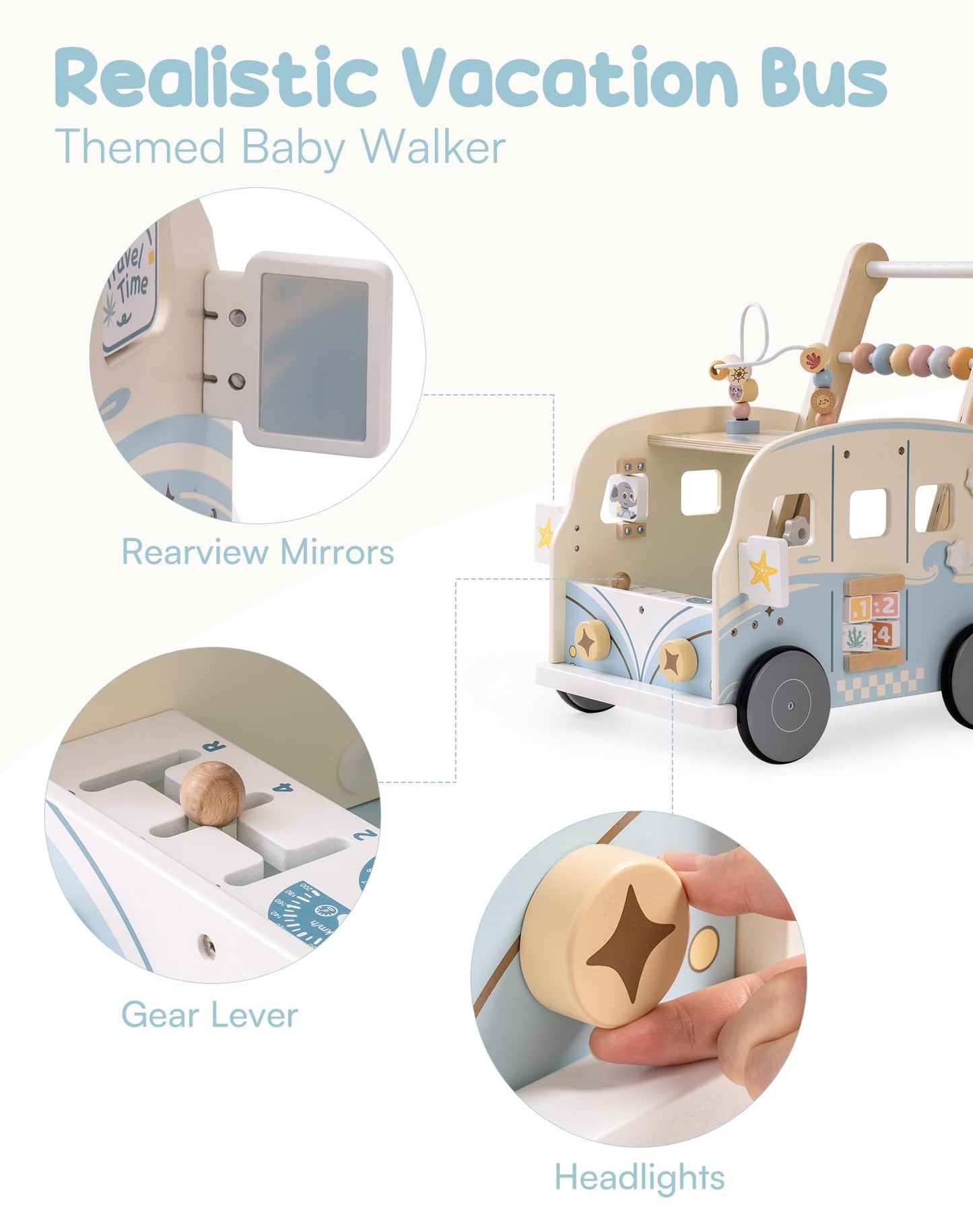 ROBOTIME Wooden Baby Walker, Baby Push Walker, Baby Activity Center Toys, Ajustable Speed Multi-Functional Baby Walker with Whee