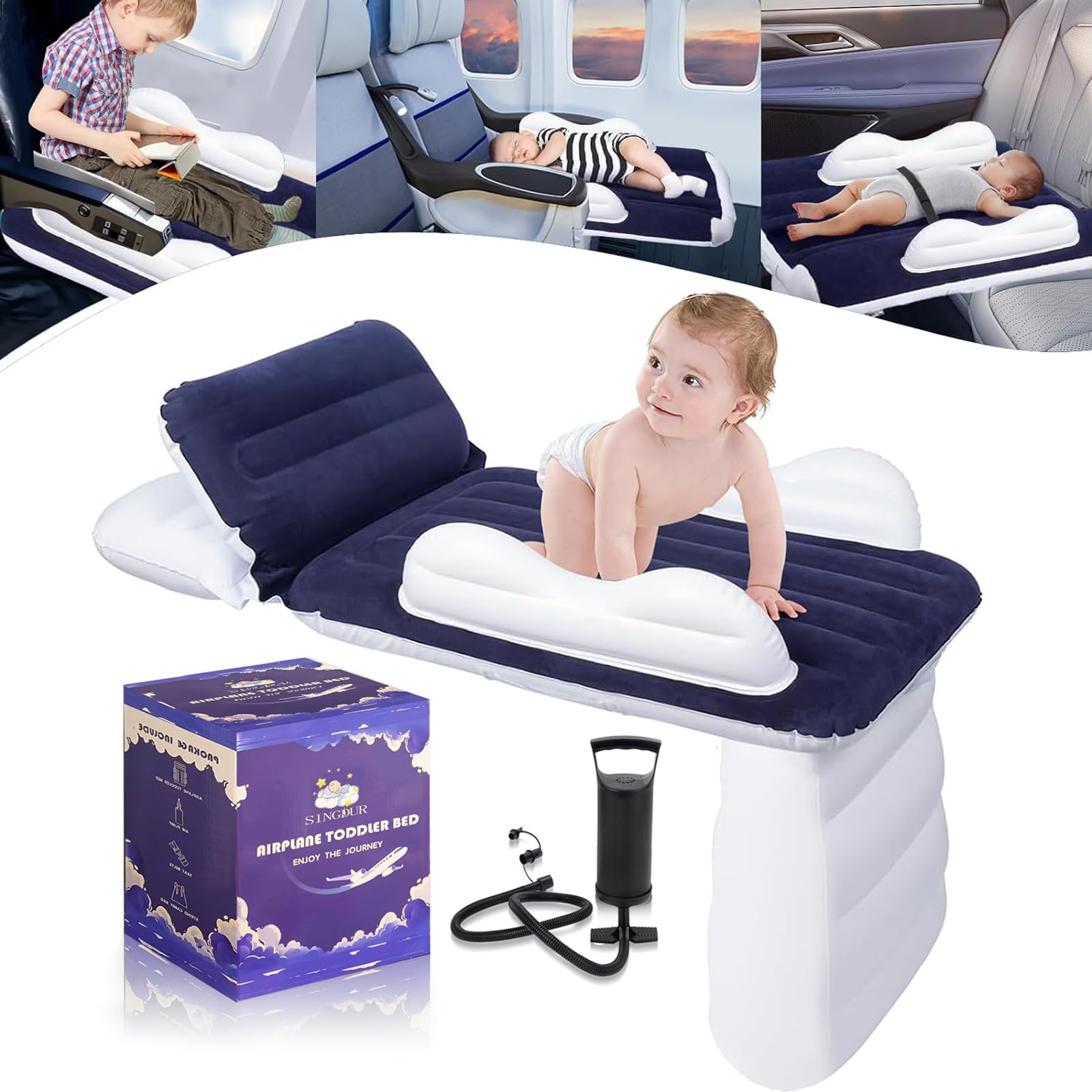 Singdur Inflatable Kid Airplane Bed,Airplane Travel Beds Kids 0-4 Years(Dark Blue),Inflatable Toddler Travel Bed With Pump,Seat