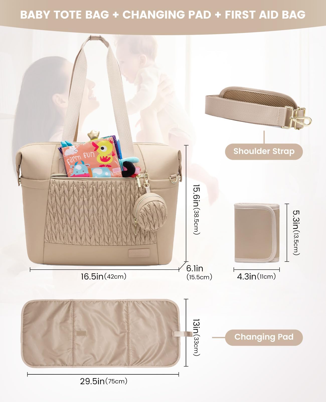 Lovevook Diaper Bag Tote, Large Baby Tote Bag, Travel Diaper Tote For Mom And Dad With Changing Pad And First Aid Bag, Khaki