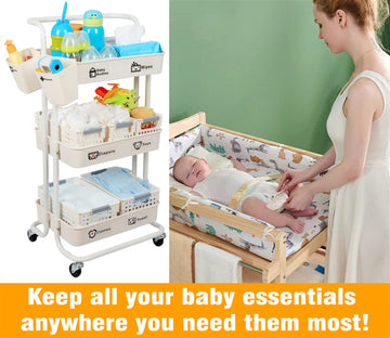 Jolead Baby Nappy Caddy Organiser Cart Movable, 3-Tier Sturdy Newborn Diaper Nursery Essentials Storage Basket For Changing Tabl