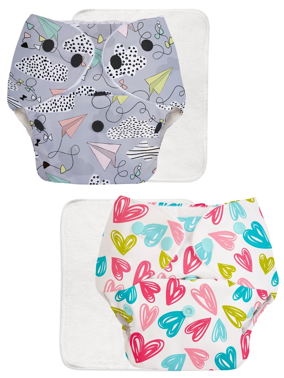 Superbottoms Basic Pack Of 2 Diaper + 2 Inserts, Combo Pack Of Assorted Freesize Washable And Reusable Cloth Diaper With Dry Fee