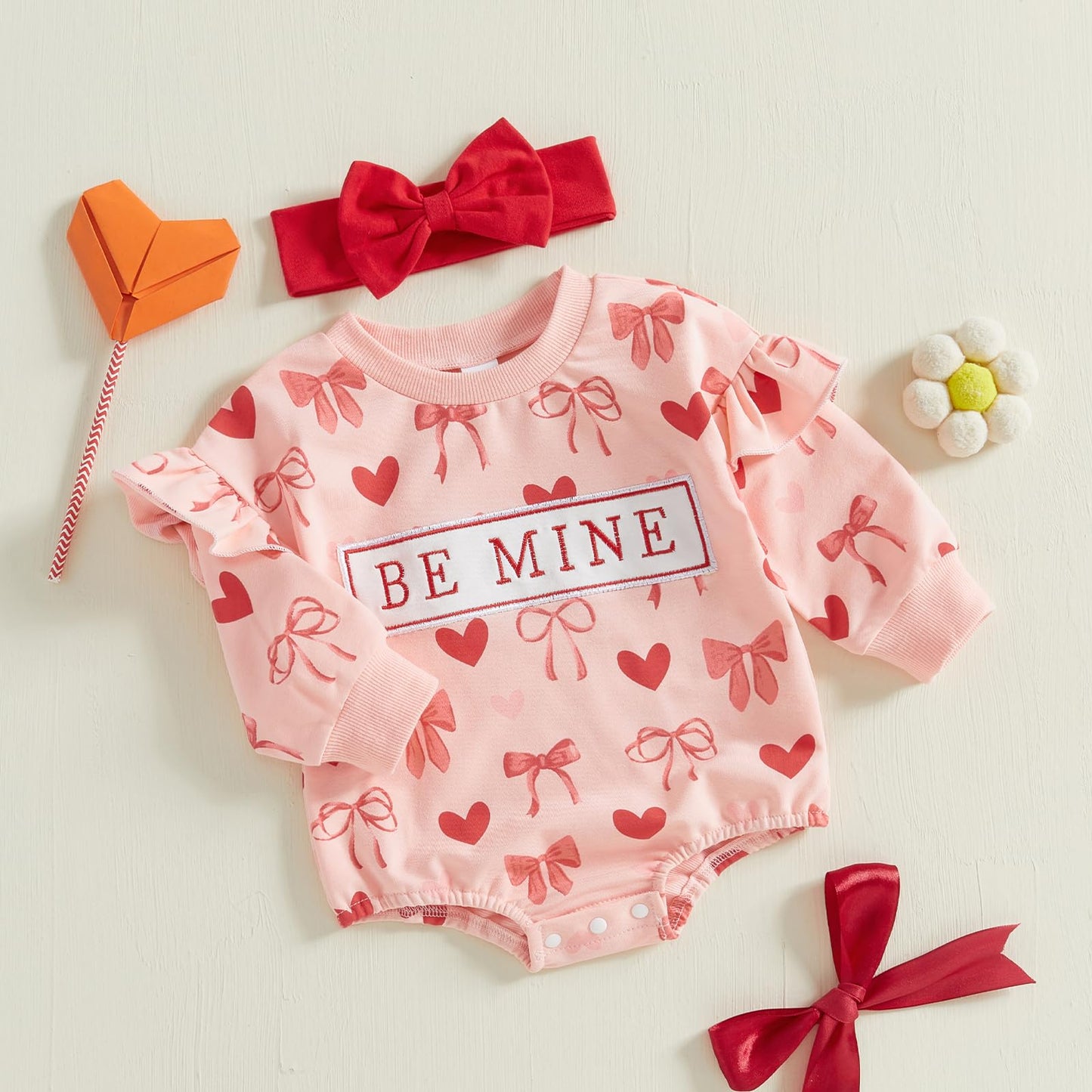 Dcohmch Baby Girl Valentines Day Outfit Long Sleeve Heart Bow Print Romper With Headband Newborn Valentine Clothes (Pink, 0-3 Mo