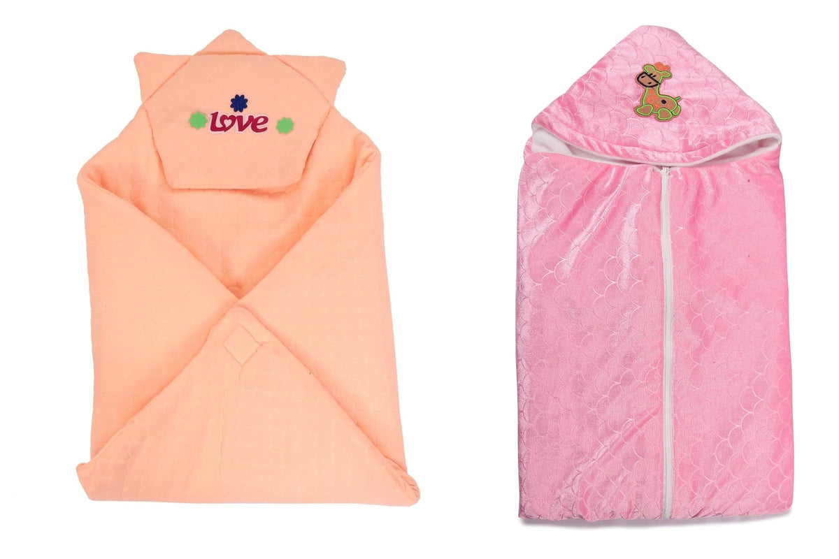 CTMKIDS Baby Wrap with Cap for Kids 74x74 cm  Peach & Single Hooded Baby Sleeping Zipper Bag for Kids 65x36 cm