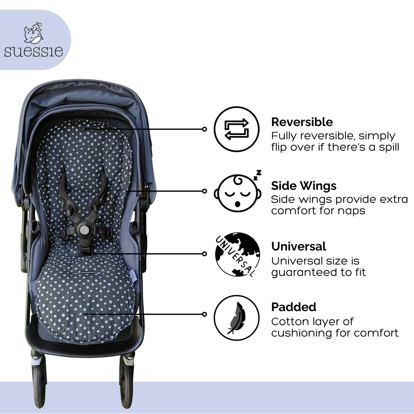 Suessie Stroller Liner - Universal And Reversible Seat Insert, Black Dots