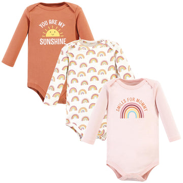 Hudson Baby Unisex Baby Cotton Long-Sleeve Bodysuits, Sunshine Rainbows 3-Pack, 9-12 Months