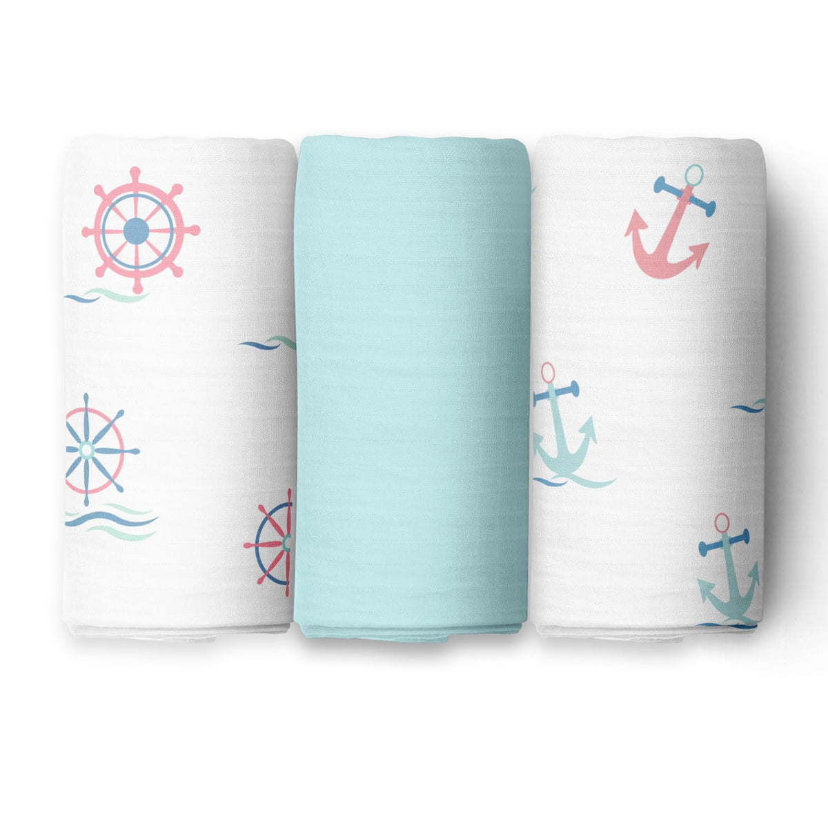 The White Cradle 100% Pure Organic Cotton Baby Swaddle Wrap, Large 112X112 Cm Super Soft Muslin, 3 Pcs Pack, Anchor 3 Design