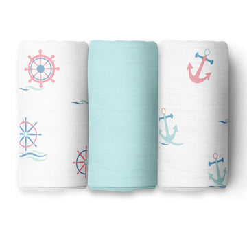 The White Cradle 100% Pure Organic Cotton Baby Swaddle Wrap, Large 112X112 Cm Super Soft Muslin, 3 Pcs Pack, Anchor 3 Design