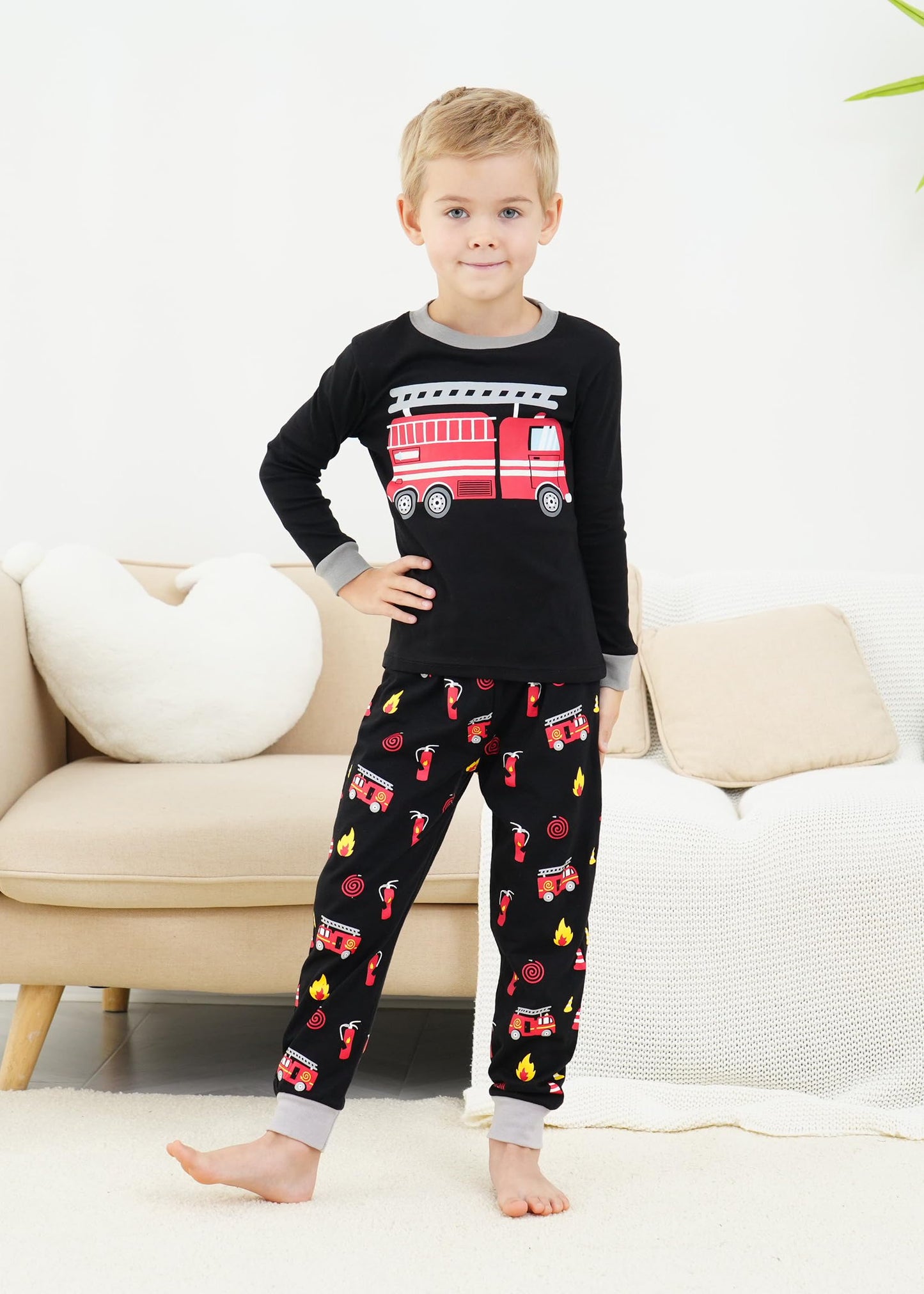 Boys Pajamas Fire Truck 100% Cotton Christmas Pjs Toddler 2 Piece Long Sleeve Sleepwear Kids Fireman Clothes Set 5T