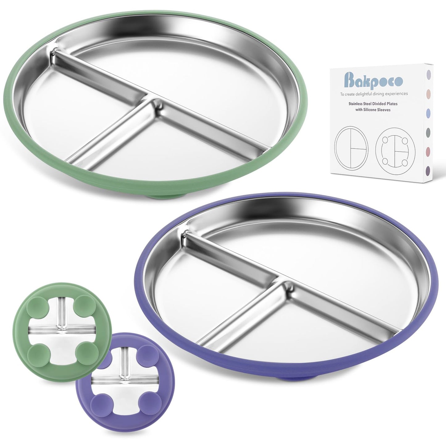 Bakpoco Stainless Steel Toddler Plate With Suction, 9    Divided Plates With Removable Silicone Sleeves For Baby, Non Toxic & Bp