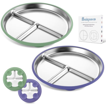 Bakpoco Stainless Steel Toddler Plate With Suction, 9    Divided Plates With Removable Silicone Sleeves For Baby, Non Toxic & Bp