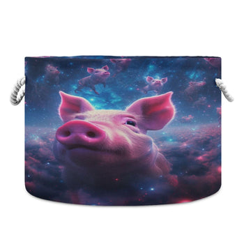 Canvas Storage Organizer Bin, Pig (1) Storage Basket Laundry Hamper with Handle for Clothes Playroom Decor, Large, 20 in Diamete