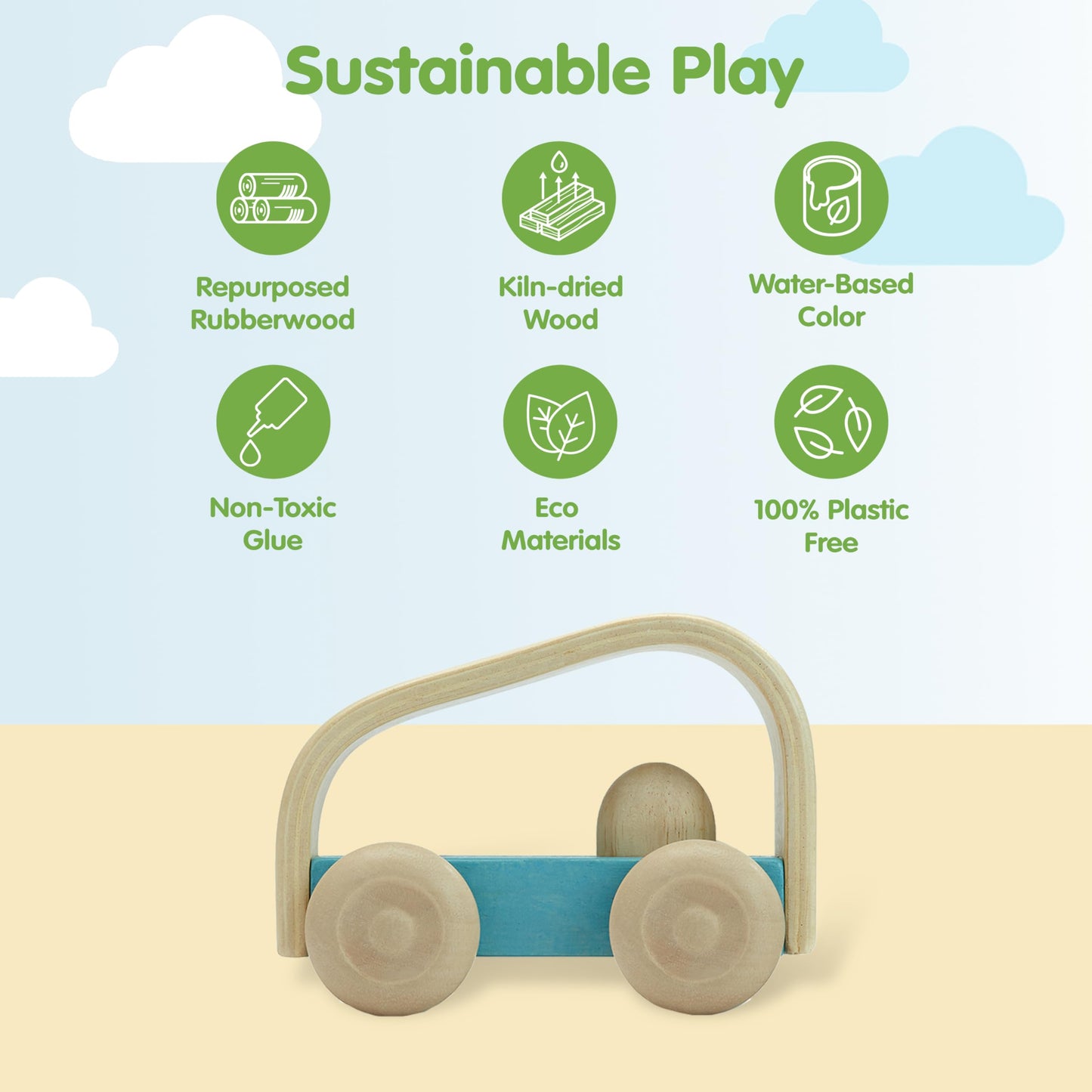 PlanToys Vroom Car Wooden Push Toy for Toddlers | Eco-Friendly Toddler Push Car for Indoor Play | Montessori Fine Motor Learning
