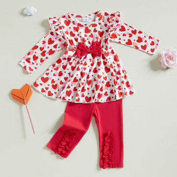 Frietlebird Toddler Girl Valentines Day Outfit Heart Print Long Sleeve Shirt Tops Pants Valentines Day Toddler Girl Outfit (A-Re