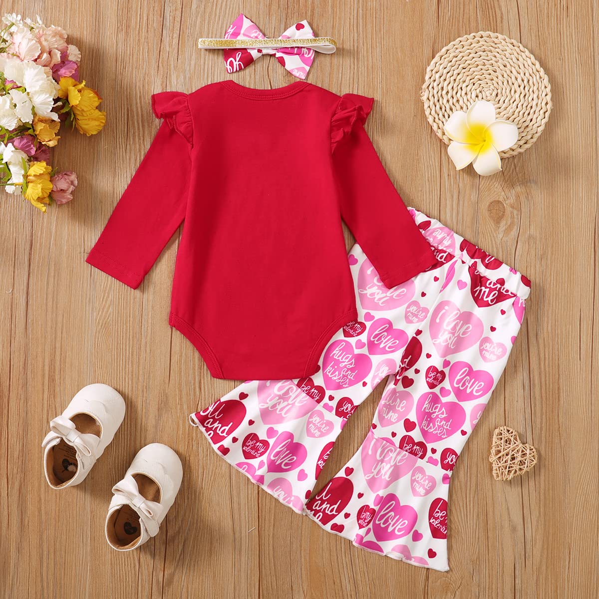 Shalofer Baby Girl Valentines Day Outfit Infant My First Valentine'S Day Flare Clothes Set(Red-Flare, 12-18 Months)