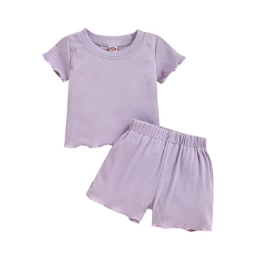 Kupretty 2Pcs Toddlers Baby Girls Summer Clothes Set Ruffle Ribbed Knit Short Sleeves T-Shirt Tops Shorts Cotton Outfits (Light