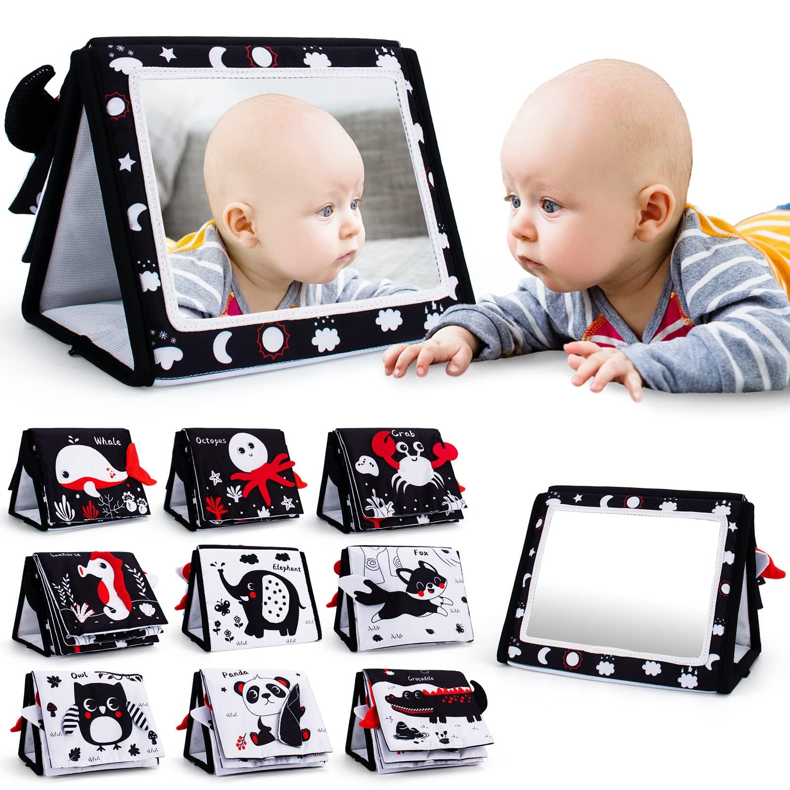 Oarifun Tummy Time Mirror, Baby Tummy Time Toys with Soft Book, Black and White High Contrast Baby Toys, 3D Activity Sensory Mon