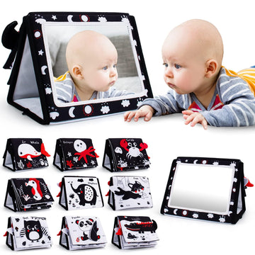 Oarifun Tummy Time Mirror, Baby Tummy Time Toys with Soft Book, Black and White High Contrast Baby Toys, 3D Activity Sensory Mon