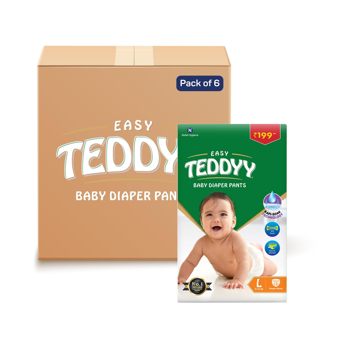 Teddyy Easy Baby L Size Diaper Pant Style| 72 Count (Large) | 914 Kg (Pack Of 6)| Long Protection Hours| AntiBacterial| Airy B
