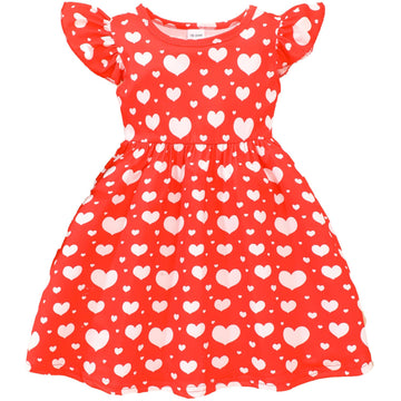 Girls Heart Dress Flutter Sleeve Heart Print Summer Dresses Toddler Kids Party Sundress Valentines Day Outfits Red 18-24 Months