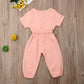 Mubineo Toddler Baby Girl Summer Fall Basic Plain Short Sleeve Cotton Linen Drawstring Romper Jumpsuit (Peach Pink, 2-3T)