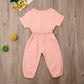 Mubineo Toddler Baby Girl Summer Fall Basic Plain Short Sleeve Cotton Linen Drawstring Romper Jumpsuit (Peach Pink, 4-5T)