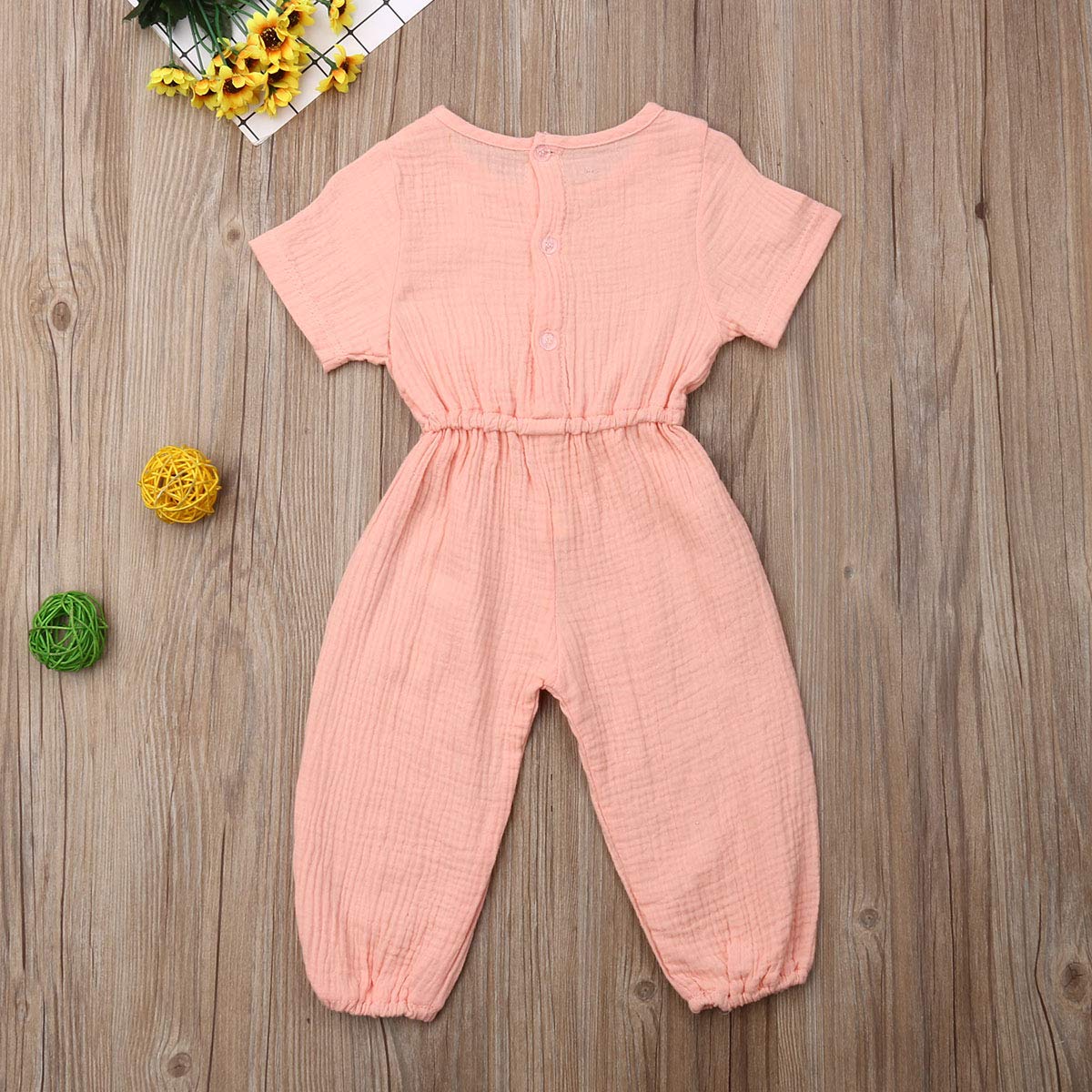 Mubineo Toddler Baby Girl Summer Fall Basic Plain Short Sleeve Cotton Linen Drawstring Romper Jumpsuit (Peach Pink, 6-12 Months)