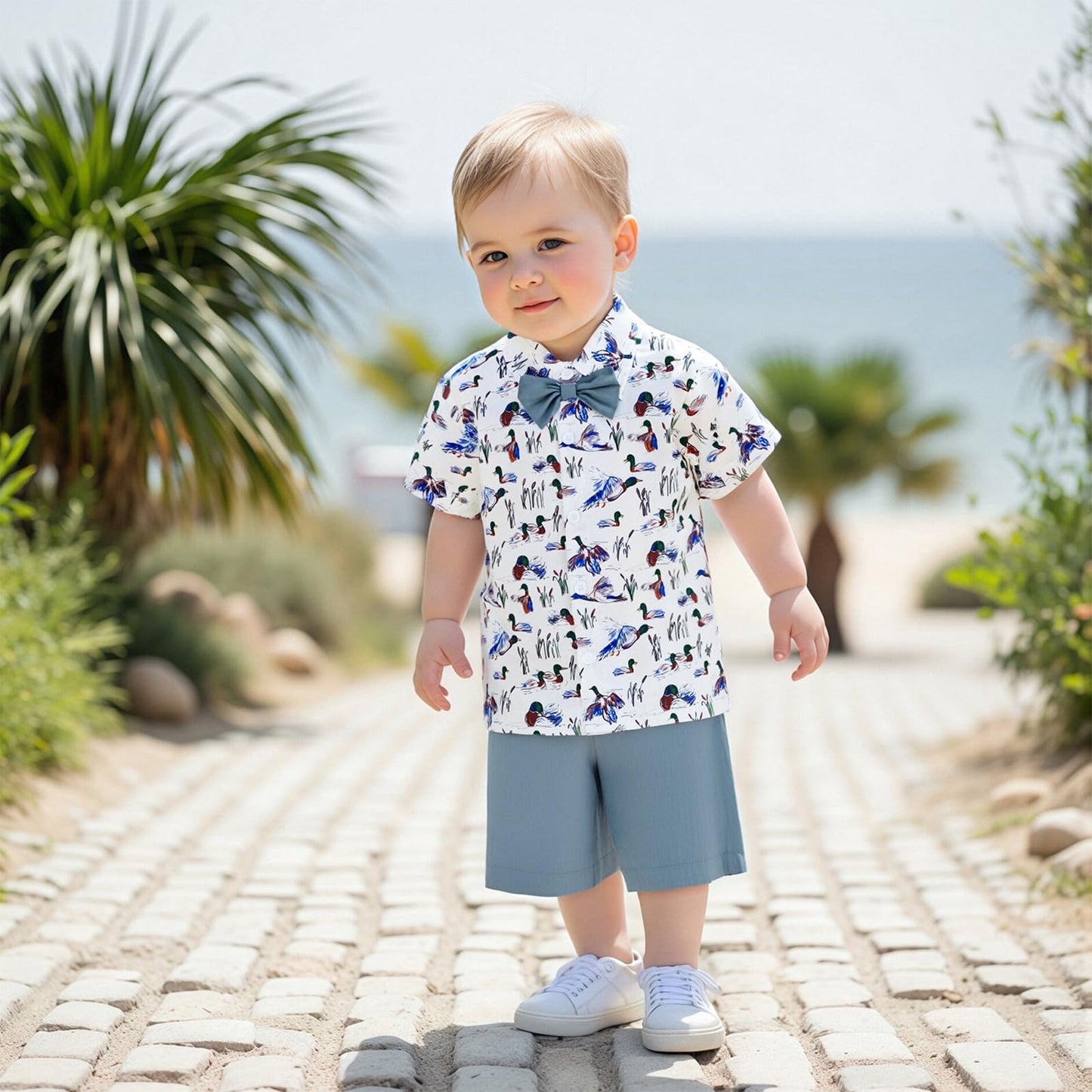 LAGKIYOJ Toddler Boy Summer Clothes Baby Boy Hunting Outfit Duck Print Lapel Button Down Shirt+Shorts Cute Infant Outfits (Blue