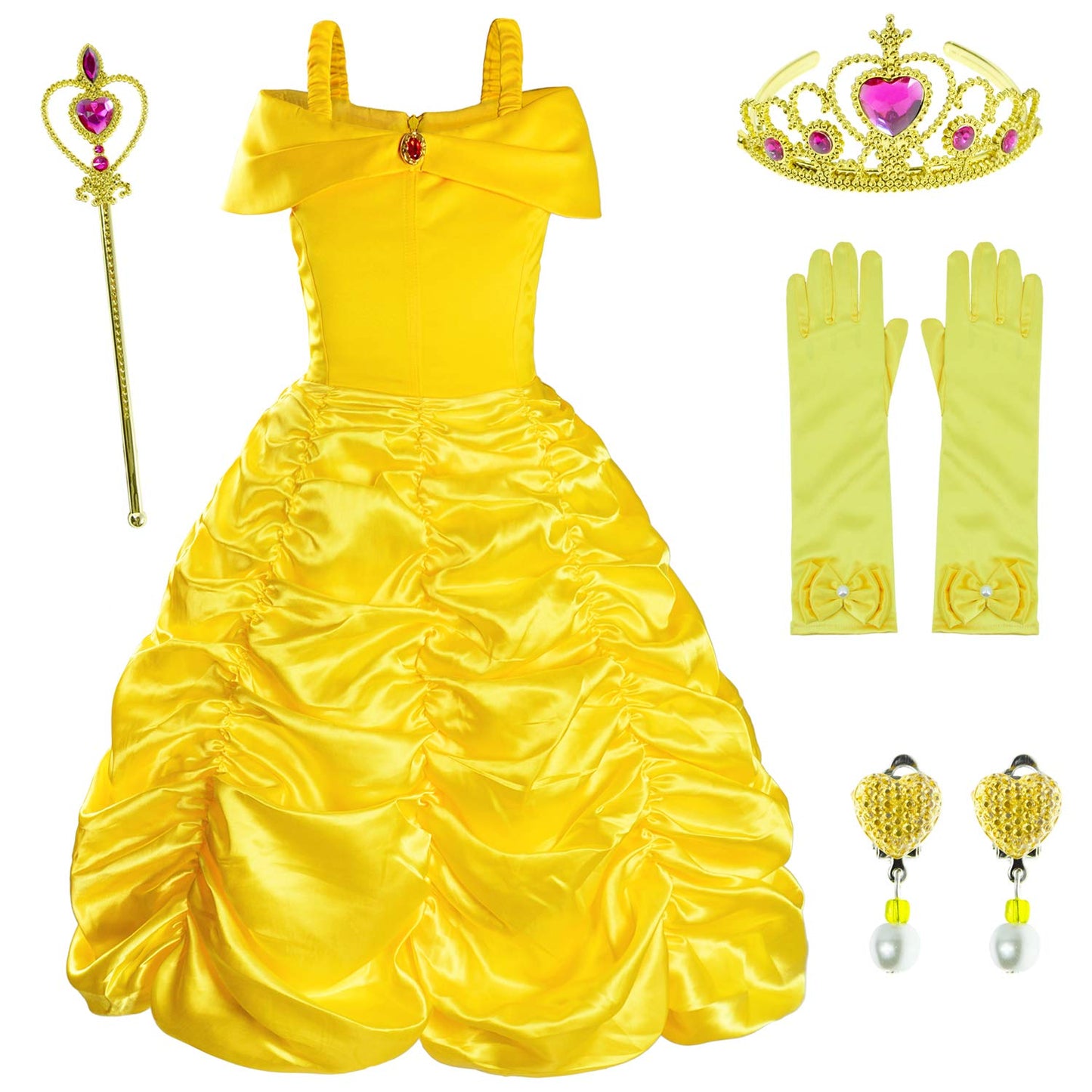 Princess Costume For Girls Birthday Party Fancy Dress Up With Accessories(Crown+Wand+Earrings+Gloves) 4-5 Years Yellow