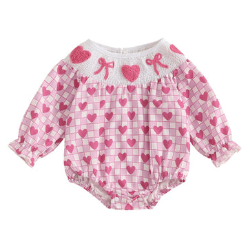 Ayalinggo Newborn Baby Girls Valentines Day Outfit Infant Smocked Bubble Romper Heart Embroidery Oversize Bodysuit Clothes (Pur