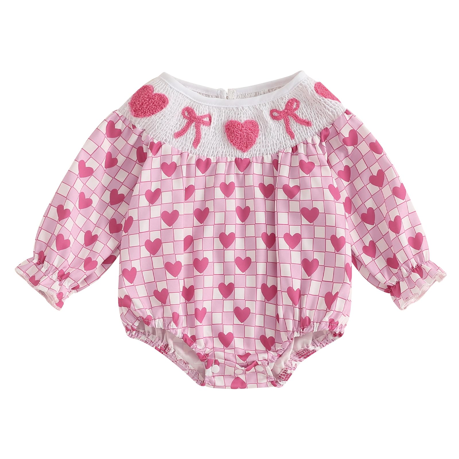 Amiblvowa Baby Girl Valentines Day Outfit Embroidery Love Heart Smocked Bubble Romper Bodysuit Cute Infant Newborn Clothes (Medi