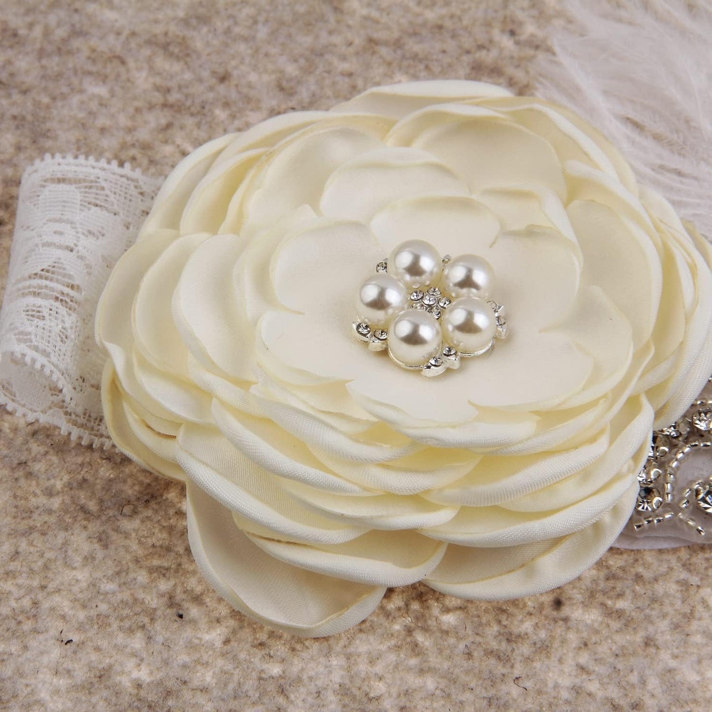 Nishine Baby Girls Rhinestone Flower Lace Headband Elastic Infant Headbands Newborn Hair Bands (Ivory)