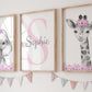 Safari Animals Girls Nursery Bedroom Unframed Set Of 3 Poster Prints, Personalized Name Pink Or Purple Flowers Wall Art Decor Ne