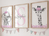 Safari Animals Girls Nursery Bedroom Unframed Set Of 3 Poster Prints, Personalized Name Pink Or Purple Flowers Wall Art Decor Ne