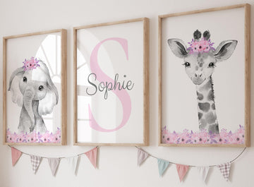 Safari Animals Girls Nursery Bedroom Unframed Set Of 3 Poster Prints, Personalized Name Pink Or Purple Flowers Wall Art Decor Ne