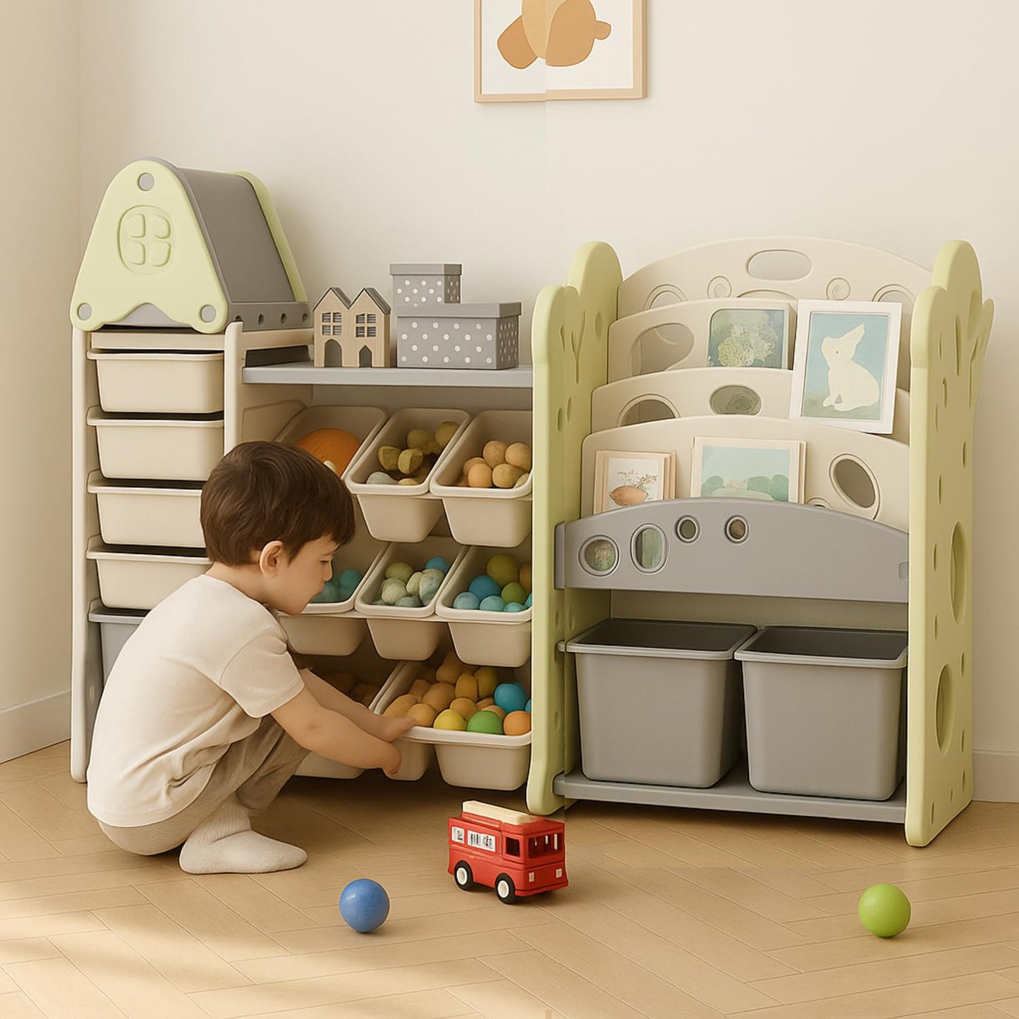 Metreno Kids Toy Organizer With Bookshelf For Home 3 In 1 Storage Rack For Toddler Playroom Organizer Montessori Book Shelf Kids