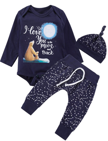 Baby Boys 3Pcs Space Outfit Newborn Bear Clothes Love You To The Moon And Back Starry Sky Long Sleeve Pant Set (Blue05 0-3 Month