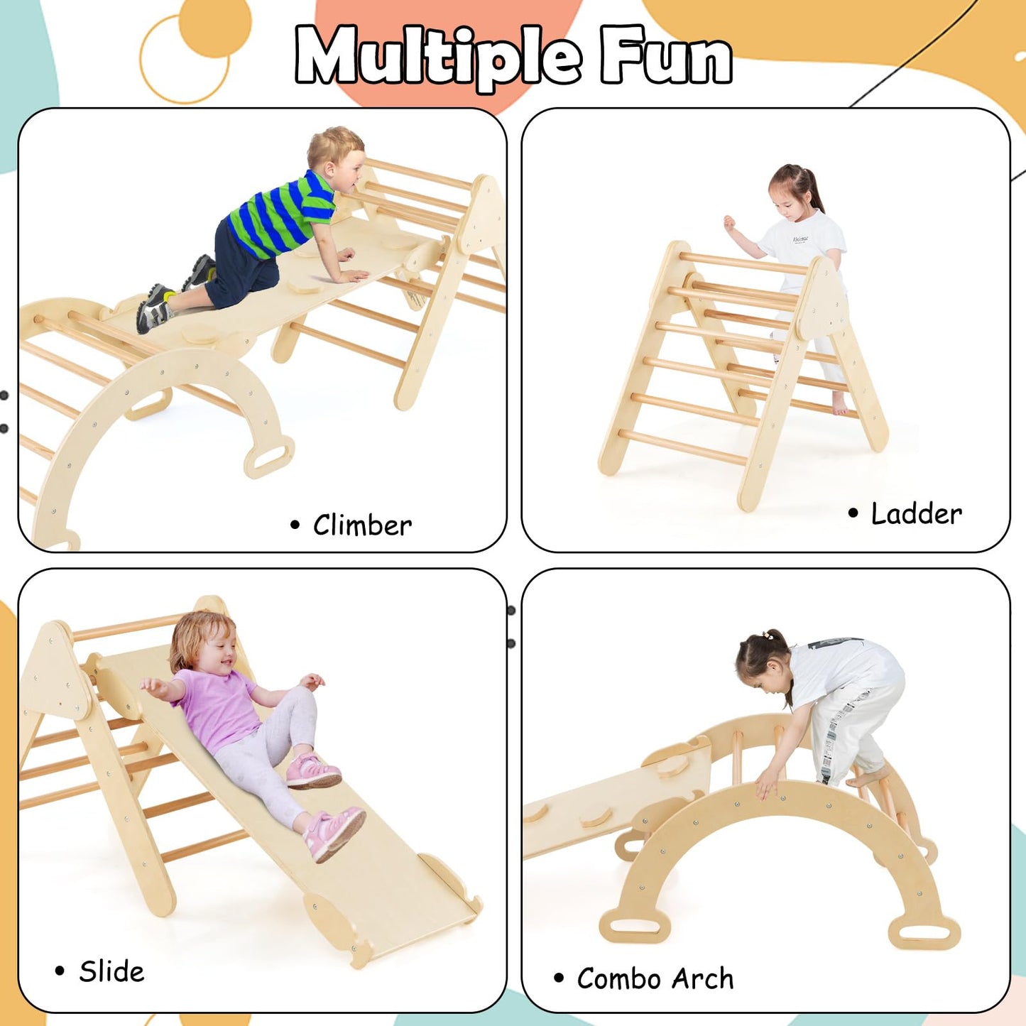 Olakids Climbing Toys For Toddlers, 5 In 1 Kids Wooden Montessori Triangle Set Climber Toy With Ramp Ladder Arch Slide For Playg
