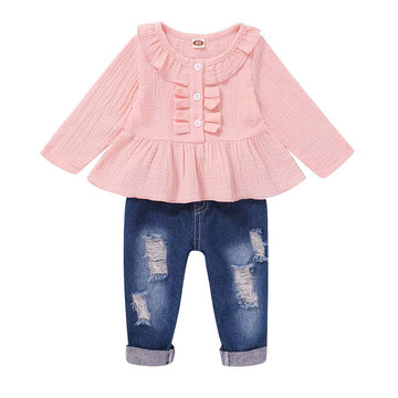 18 Months Girl Clothes Toddler Baby Girl Outfits Ruffle Long Sleeve Top Ripped Denim Jeans Pant Boutique Baby Girl Clothes 18-24