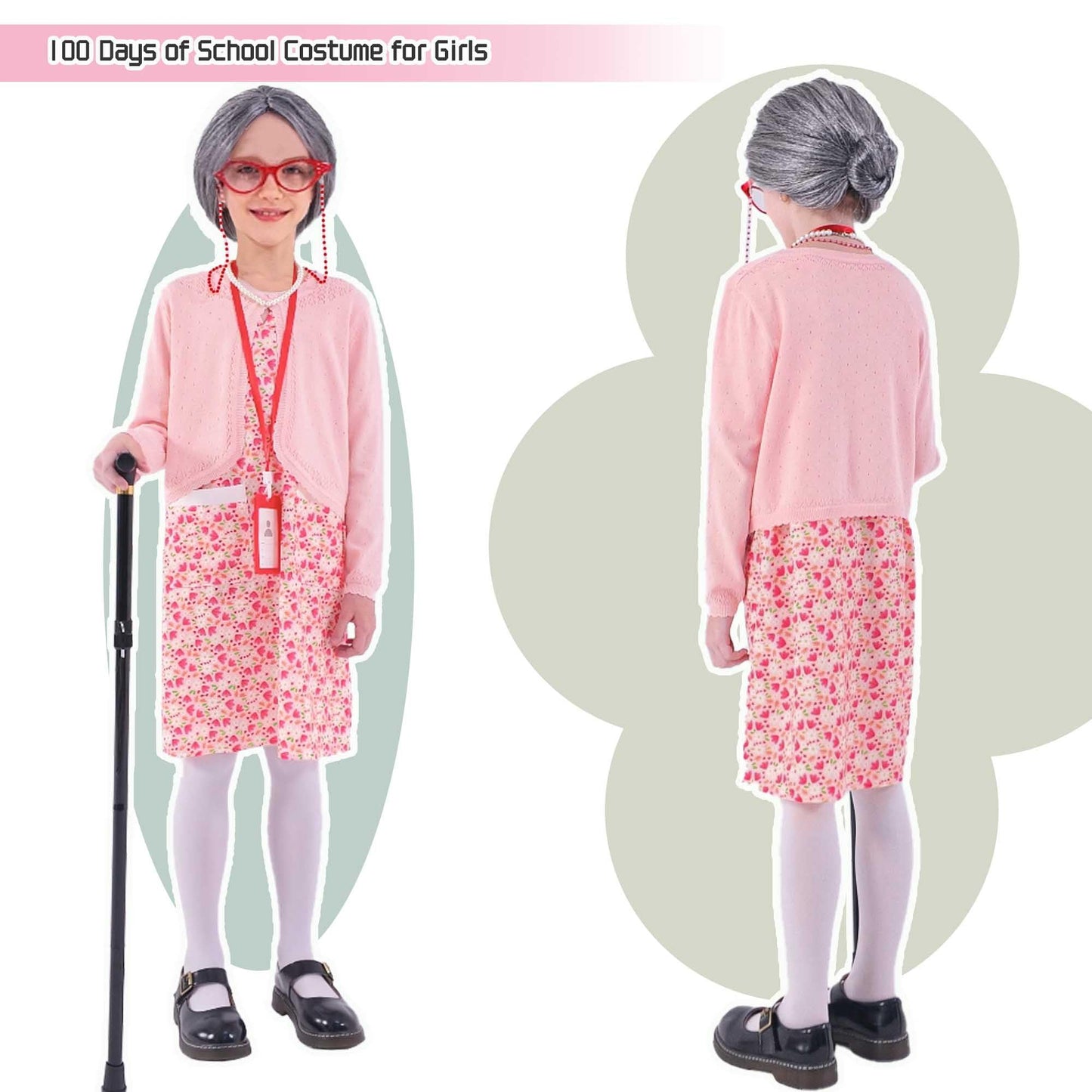 Watlie Old Lady Costume For Kids 100 Days Of School Costume For Girls, Granny Costume Old Lady Wig Halloween Grandma Costume For