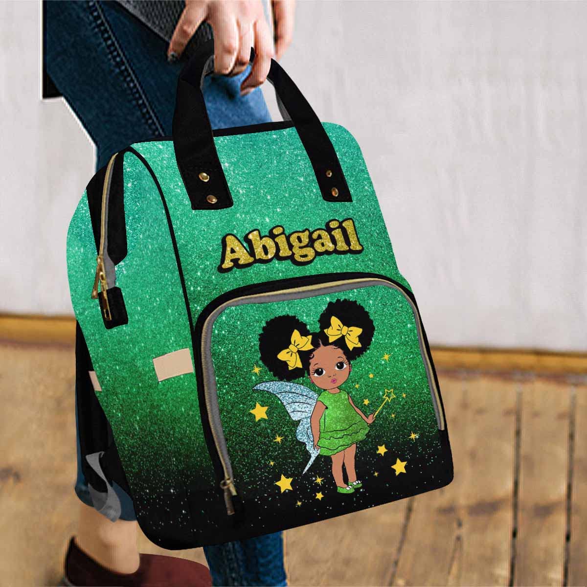 Artsadd Customized Baby Girl Diaper Backpack, Green Glitter Stars Nappy Backpack Personalized Name Baby Bags With Insulated Pock