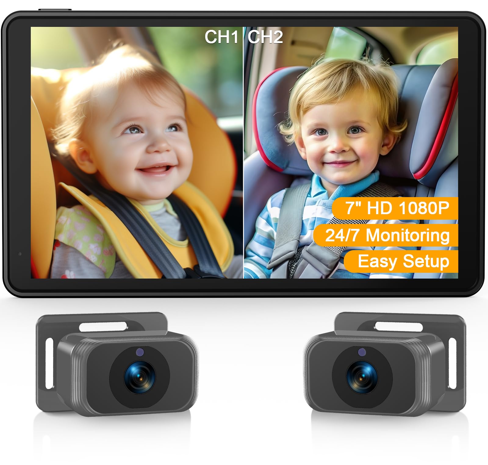 Baby Car Camera For 2 Kids - 7-Inch Split-Screen Monitor, Dual Hd 1080P Cameras, Night Vision, 360 Rotatable, Easy Install Backs