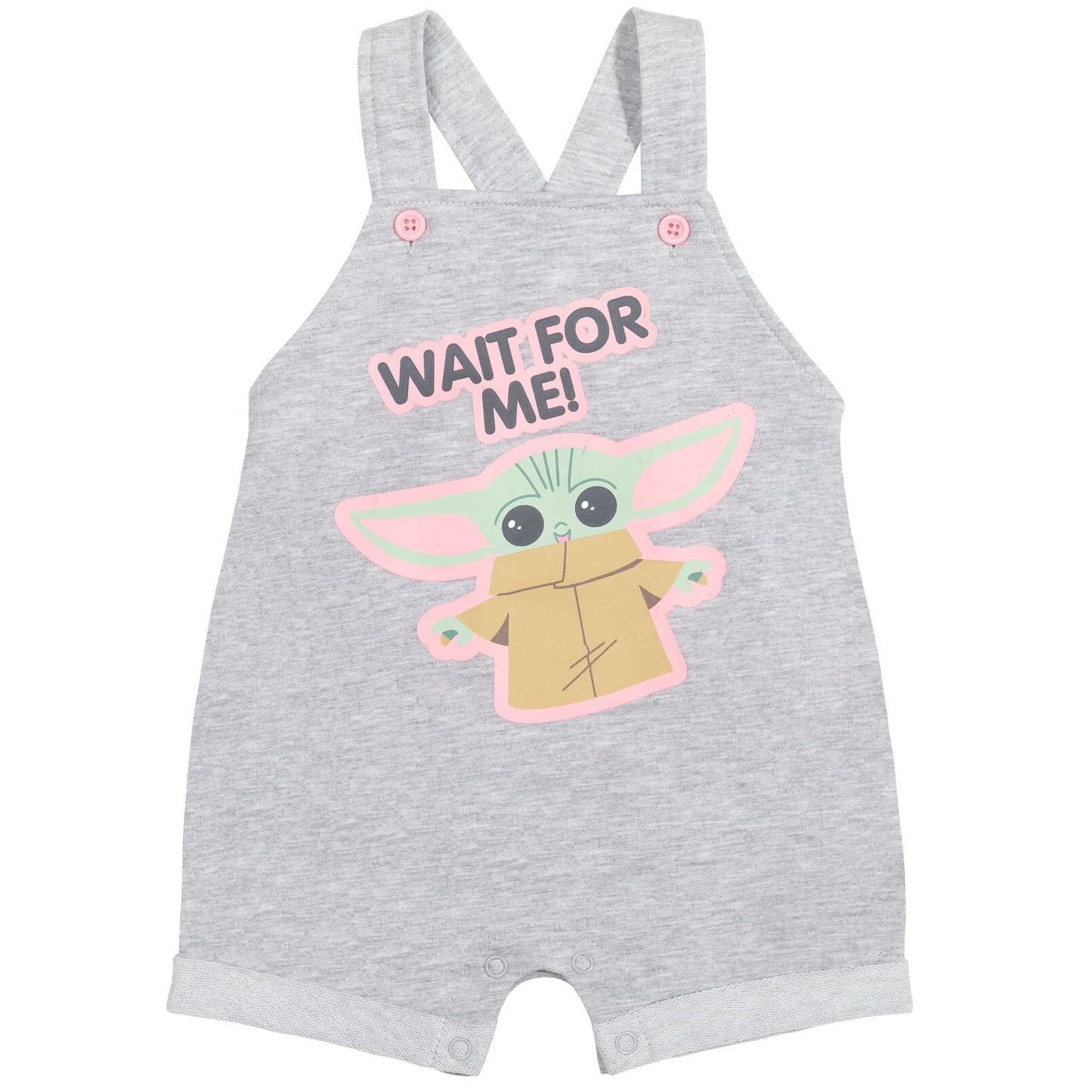 Star Wars The Child Newborn Baby Girls French Terry Snap Short Overalls T-Shirt & Headband 3 Pcs Set Light Gray 3-6 Months