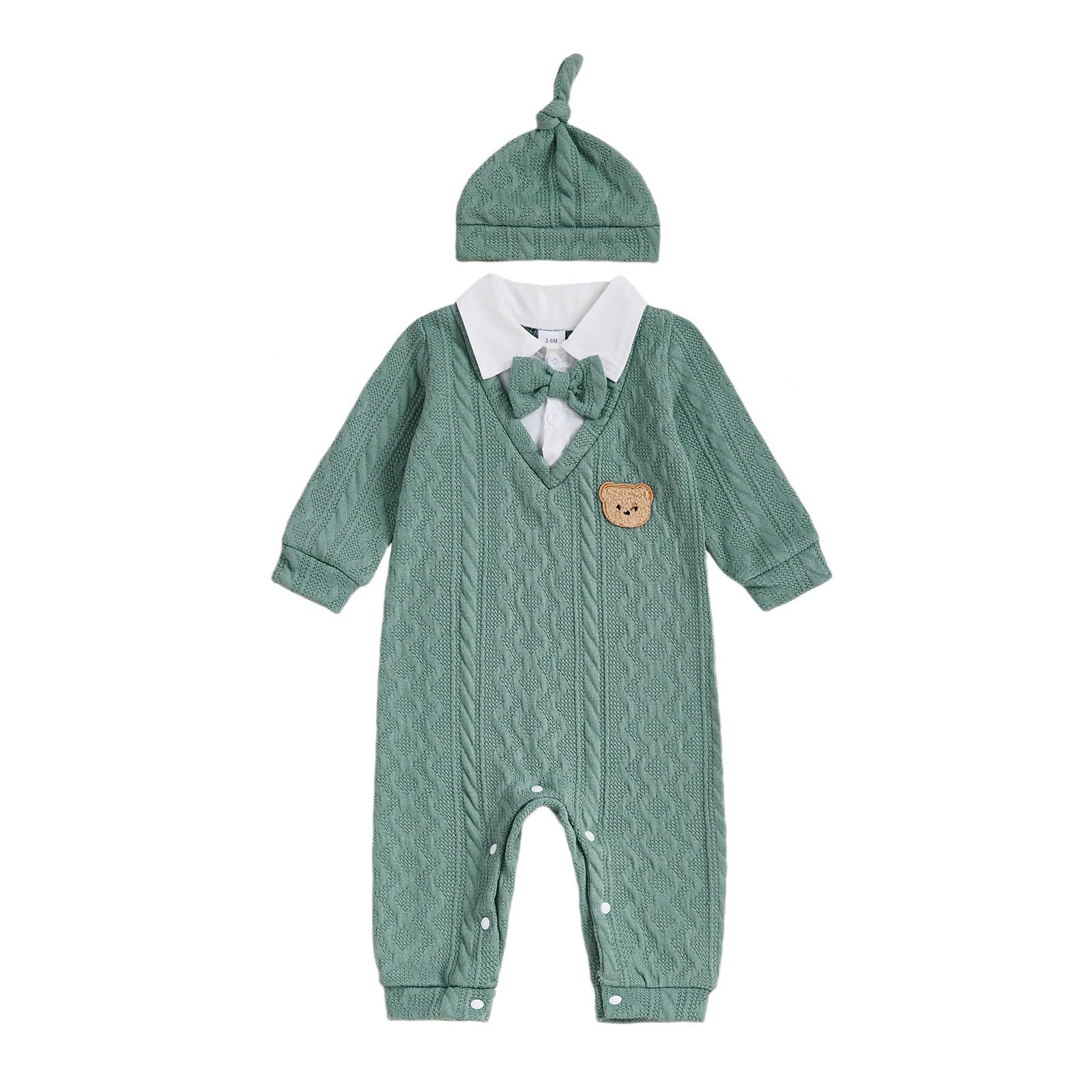 SYOKUP Newborn Infant Baby Boy Outfits Suit Bowtie Bear Embroidery Dress Romper Jumpsuit Gentleman Wedding Clothes Formal (Green