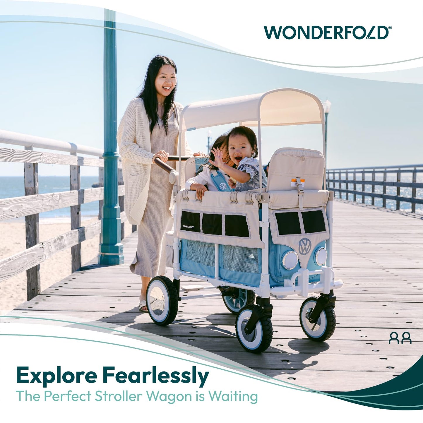 Wonderfold Volkswagen Stroller Wagon (2 Seater) - Collapsible Wagon Stroller With Classic Vw Bumper, Headlights, And Retro All-T