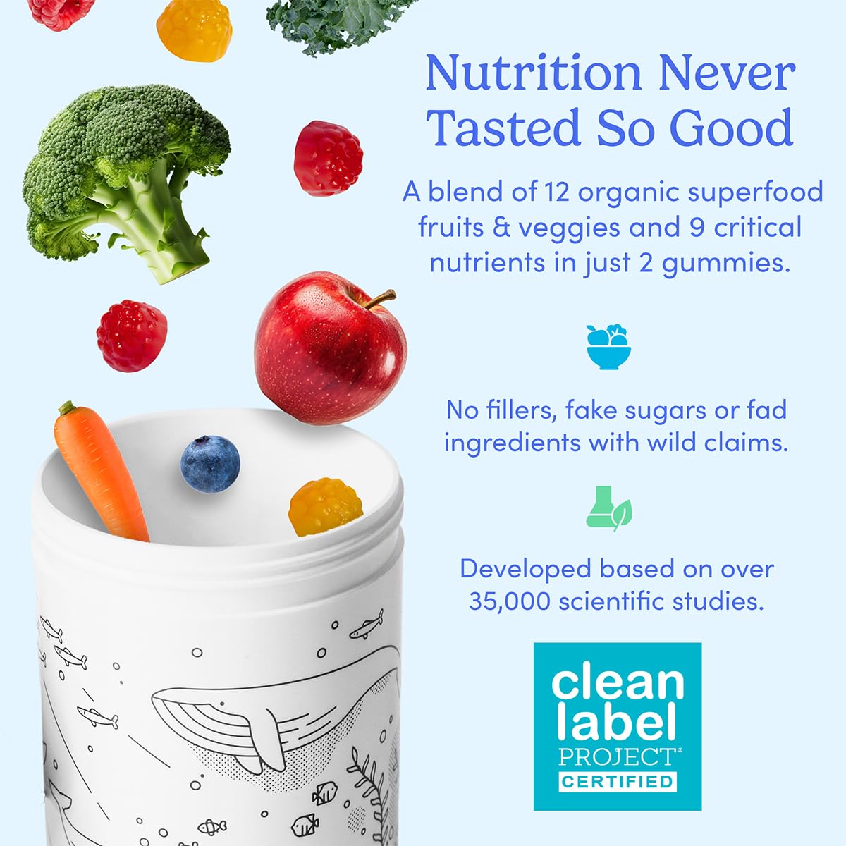 First Day Kids Essential Multivitamin Gummies, Vitamin A, D3, B6, B12, C, K2 & More + Organic Fruits & Veggies For Growth, Brain