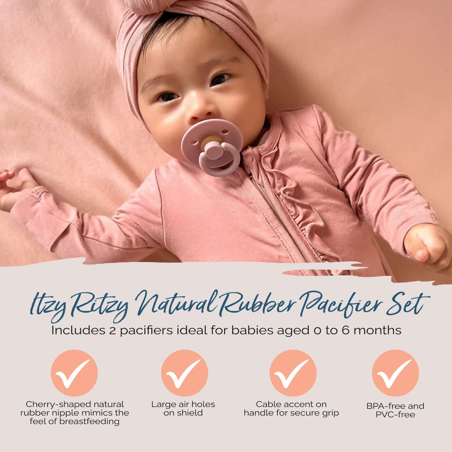 Itzy Ritzy Natural Rubber Pacifiers, Set Of 2 - Natural Rubber Newborn Pacifiers With Cherry-Shaped Nipple & Large Air Holes For