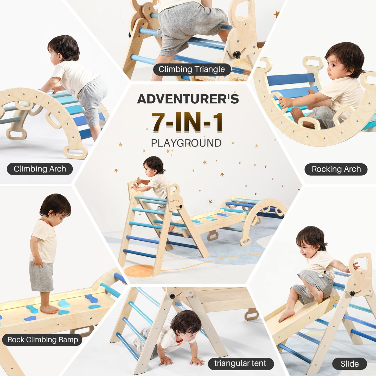 Bluewood Pikler Triangle Set 7In1 Foldable Baby Climbing Toys Wooden Montessori Climbing Set With Arch&Ramp&Ladder Baby Climber