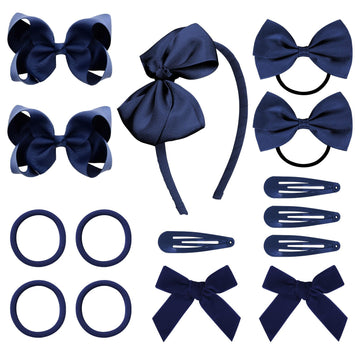 Deeka Navy Blue Hair Accessories Set - 15 Pieces Uniform Hair Bows, Hair Clips, Headband, Hair Ties For Little Girls - Navy Blue