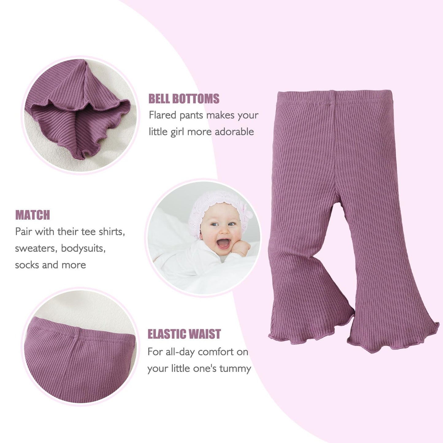 Sobowo Toddler Baby Girl Flare Pants 3 Pack Solid Ribbed Ruffle Bell Bottoms Pants Fall Outfits(Purple/White/Pink, 12-18 Months)