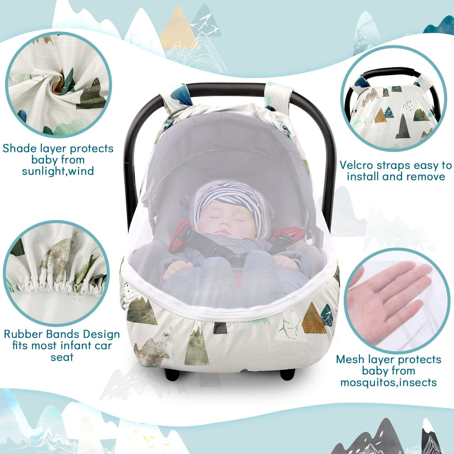 Baby Car Seat Cover, Adventure Mountains Carseat Canopy For Babies, Infant Carseat Cover, Summer Cozy Net Cover, Universal Fit,